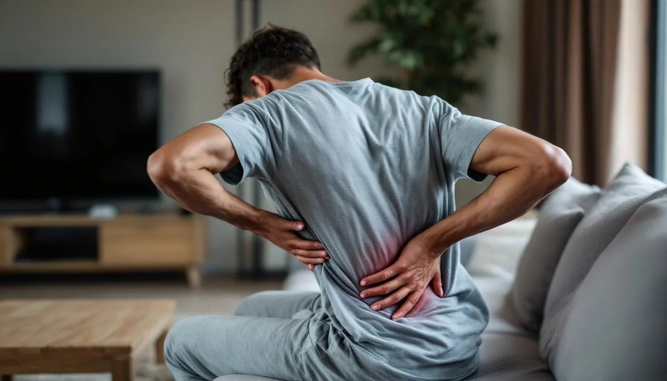 The image depicts a person experiencing low back pain, sitting on a couch with their hand on their lower back, suggesting discomfort. Various treatment options for back pain relief, such as chiropractic care and physical therapy, are visually represented in the background, highlighting the importance of managing chronic back pain.