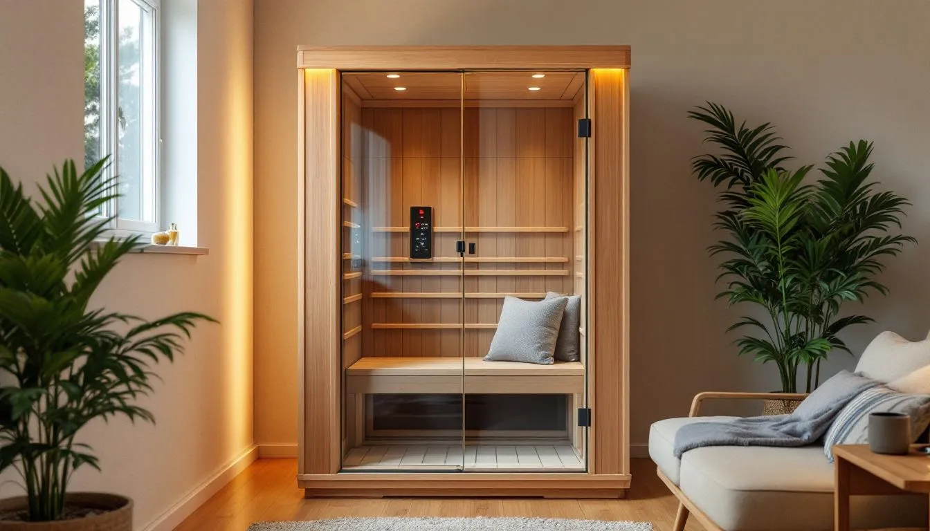 The image shows a compact infrared sauna perfectly fitted in a small spare room, highlighting its suitability for various health benefits like improved circulation and stress relief. This personal sauna offers an effective alternative to traditional saunas, making it an ideal addition to a wellness routine.