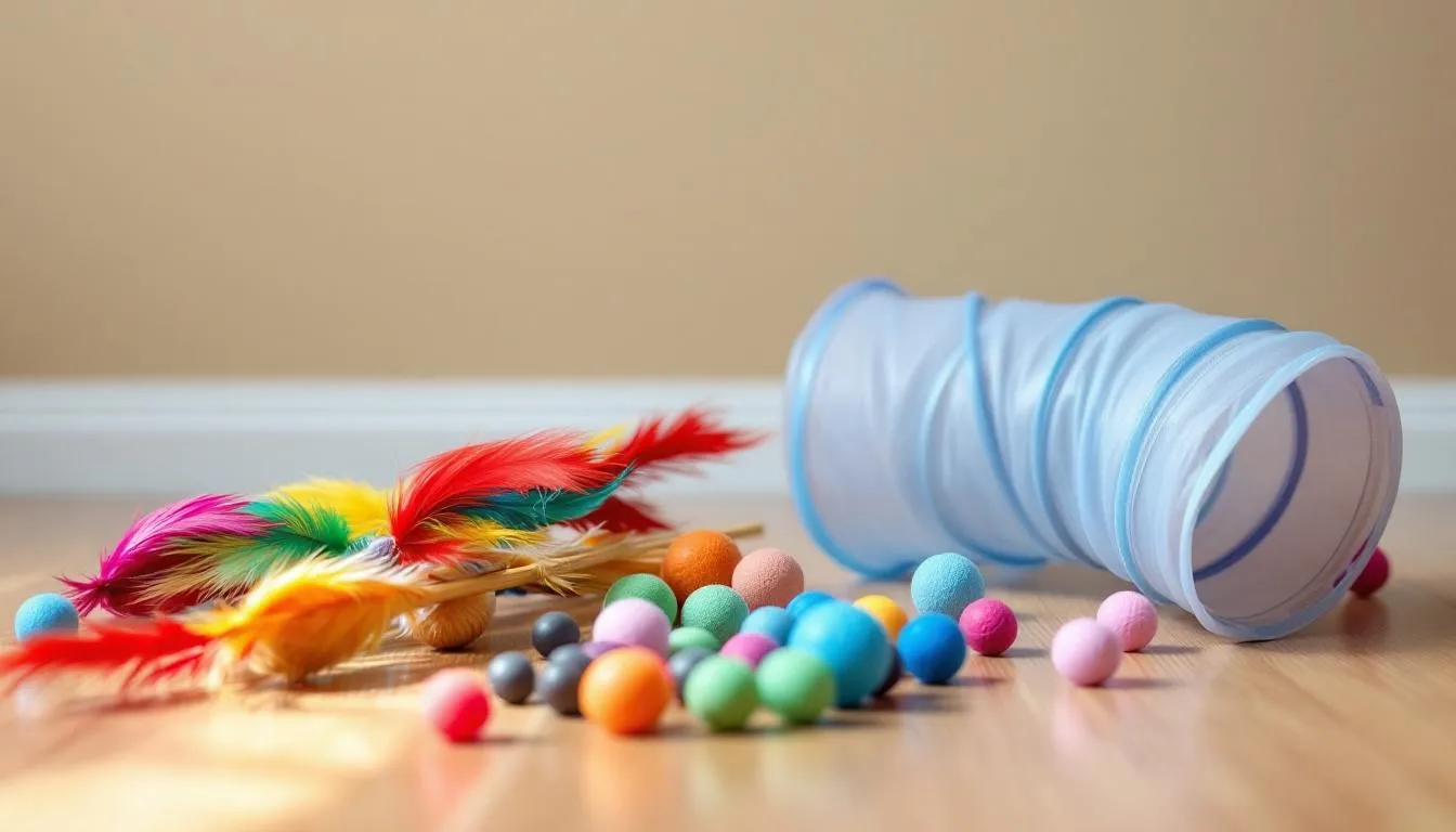 In de afbeelding liggen verschillende kattenspullen op de vloer, waaronder kleurrijke veerwanden, ballen en tunnels, die allemaal zorgvuldig zijn uitgekozen om het jachtinstinct van katten te stimuleren en hen plezier te bieden. Deze variaties van kattenspeelgoed zijn perfect voor zowel binnenkatten als kittens, en maken deel uit van een uitgebreid assortiment aan katten benodigdheden.