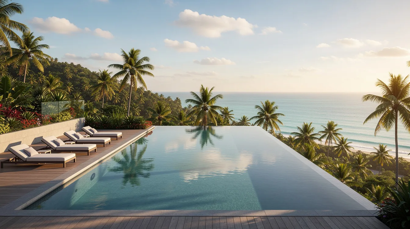 The image depicts a luxurious infinity pool that seamlessly blends into a breathtaking view of a tropical hillside adorned with palm trees and the sparkling ocean in the background. This serene setting is perfect for those looking to visit Thailand's beaches during the dry season, enjoying great weather and stunning scenery.