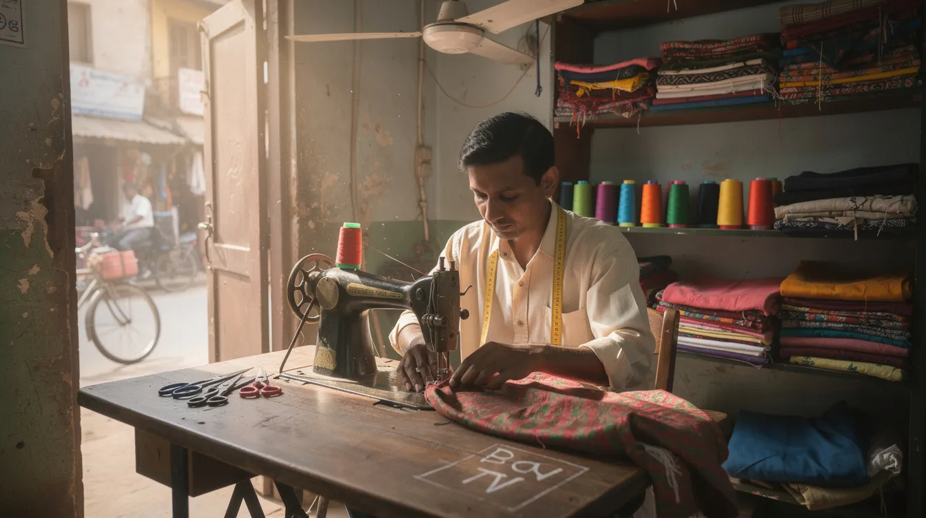 fed246d6 bb17 4f2e bd93 f285a03ff721 A small tailor is focused on his sewing machine inside a modest shop in India, surrounded by various fabrics and tools essential for his craft. This scene highlights the entrepreneurial spirit of micro enterprises, often supported by financial institutions through schemes like the Mudra loans, which provide vital financial assistance to eligible borrowers.