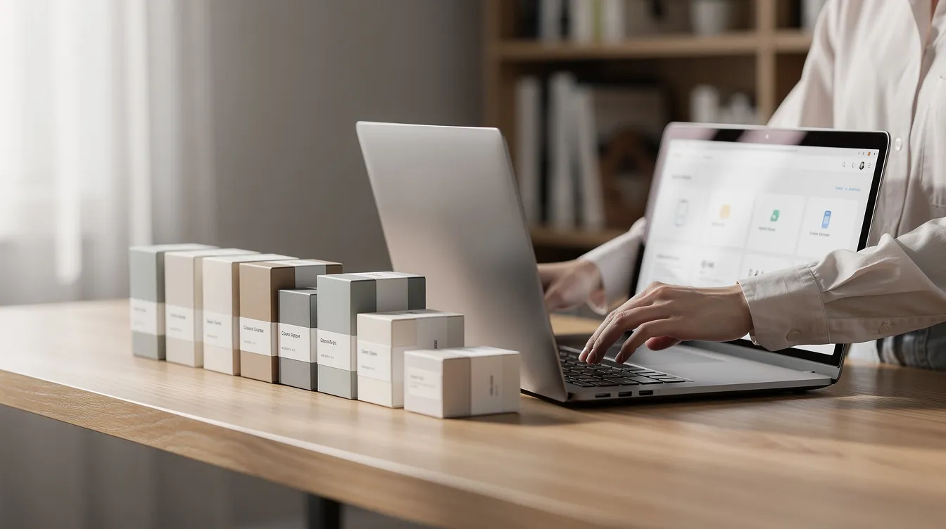 A person is organizing products next to a laptop on a desk, preparing to create an online store. The setup suggests they are focused on online sales and store design, utilizing tools to drive their online business forward.