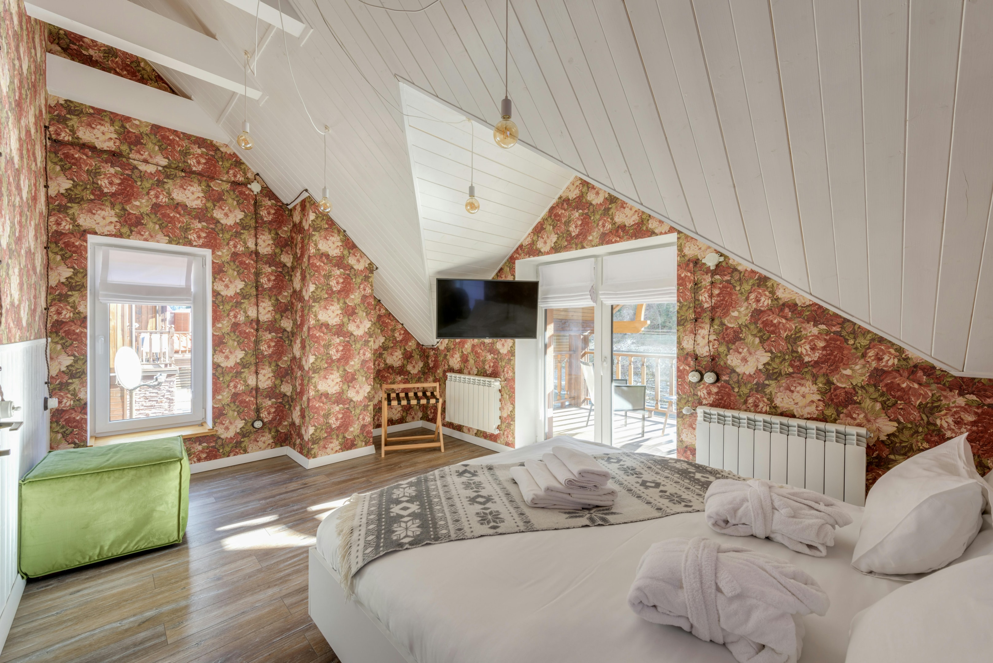 Interior of house, freshly renovated with new flooring and wallpaper.