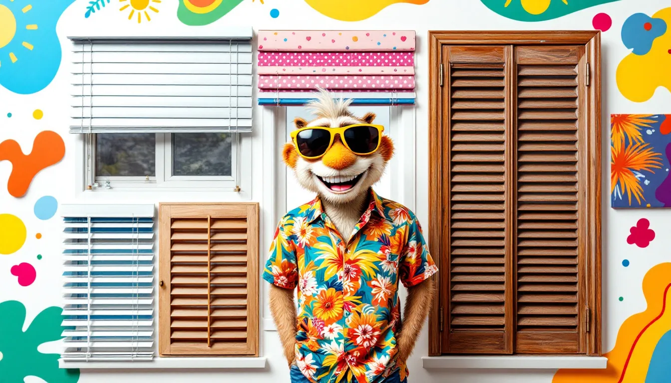 A display of different types of window blinds, showcasing their unique styles and materials.