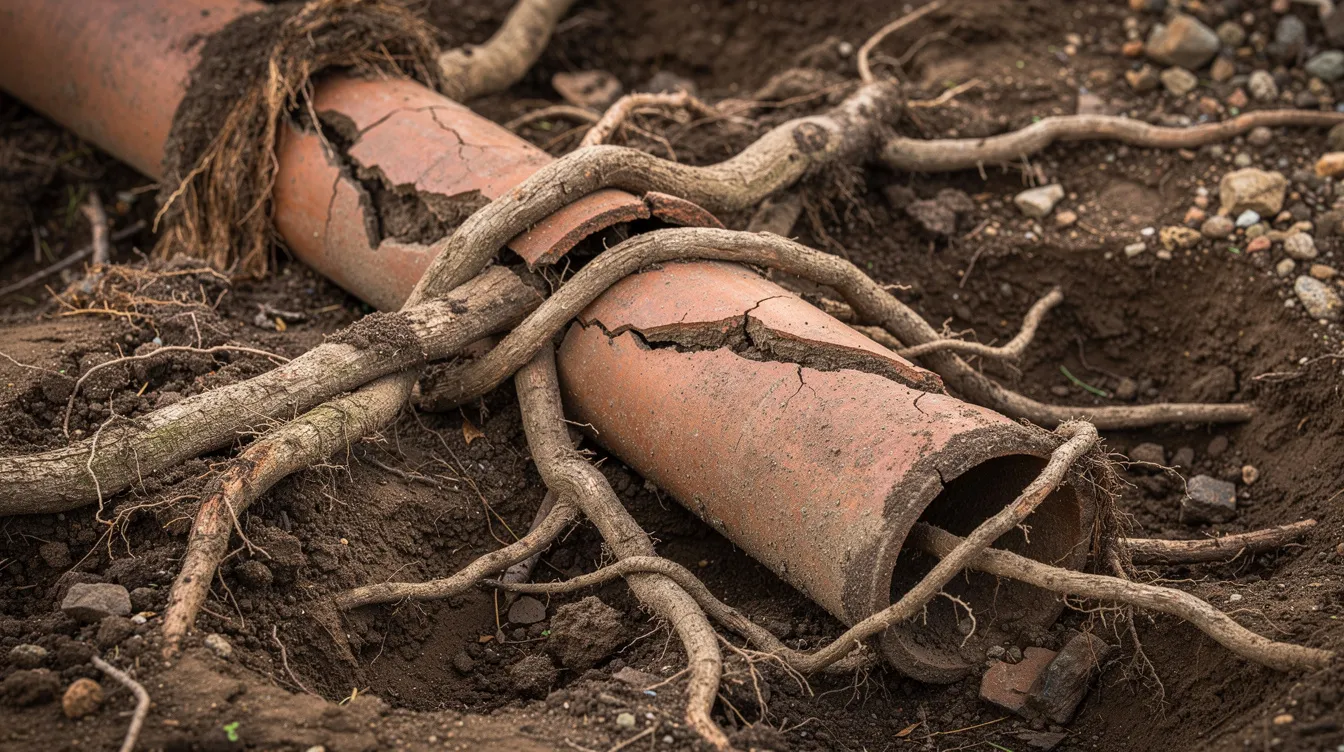 An exposed section of an old clay sewer pipe is visible in the soil, with thick tree roots wrapped around and penetrating through its joints, indicating potential issues like root intrusion that could lead to sewer leaks. This situation may require a professional inspection to detect leaks and prevent further property damage.