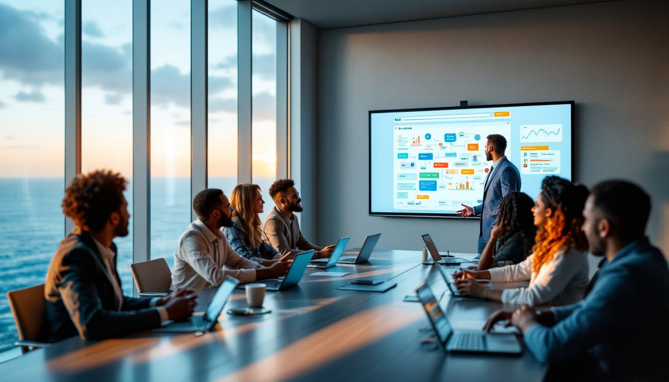A digital marketing team discussing SEO strategies for local businesses.