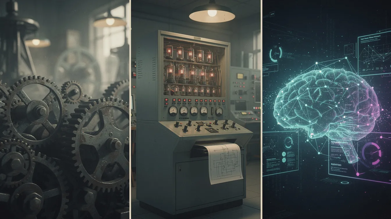 Die Illustration zeigt drei verschiedene technische Epochen: Links sind ineinandergreifende Zahnräder aus den 1930ern zu sehen, in der Mitte ein Röhrenrechner der 1960er Jahre und rechts ein modernes, leuchtendes neuronales Netzwerk-Interface. Diese Darstellung spiegelt den Fortschritt der Technik wider und erinnert an die Themen von Charlie Chaplin in "Moderne Zeiten".