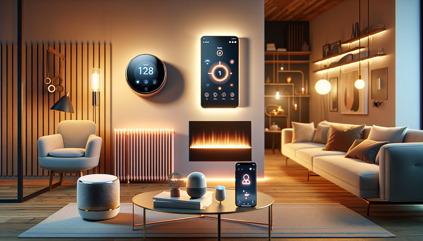 An illustration of smart features in electric heating systems, including smart thermostats and WiFi control.