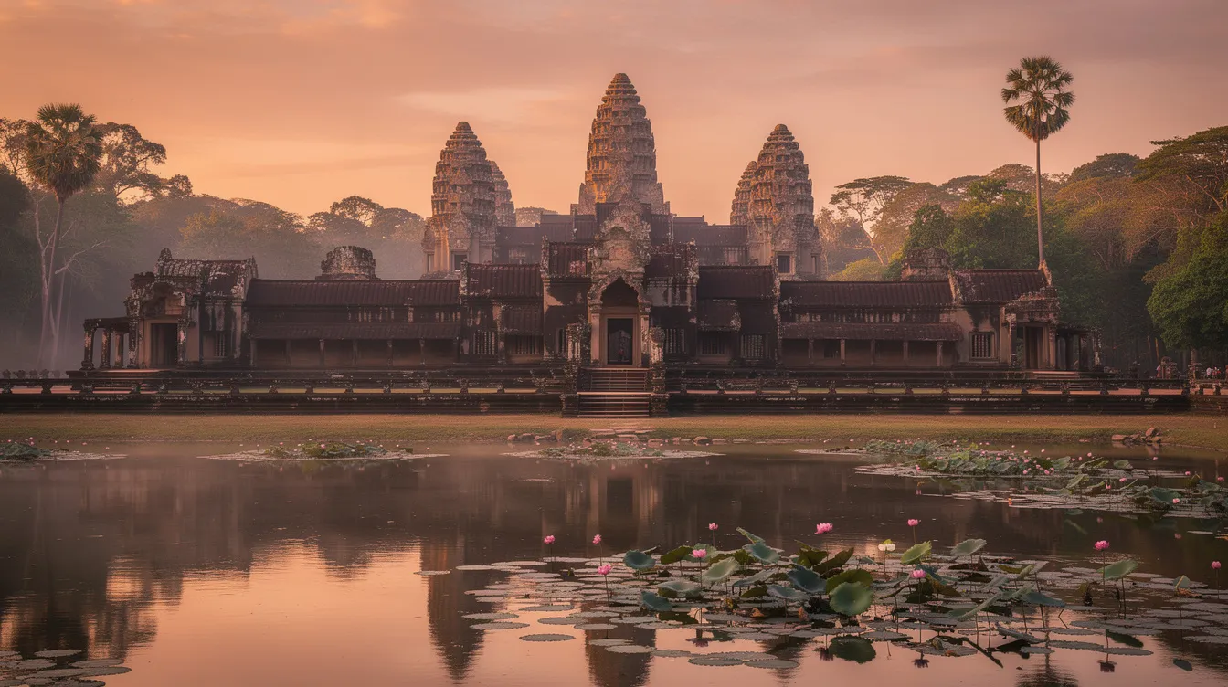 A imagem mostra a deslumbrante vista de Siem Reap, no Camboja, com os famosos templos de Angkor Wat ao fundo, cercados por uma vegetação exuberante. É um destino imperdível para viajantes que buscam explorar a rica história e a beleza natural da região, semelhante a outros locais icônicos da Ásia, como Bangkok e Chiang Mai.