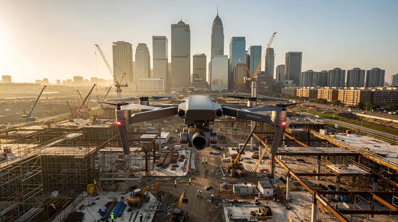 A professional drone camera captures an aerial view of a large construction site, with a bustling city in the background. This image highlights the potential for commercial real estate marketing and lead generation, showcasing the development of new properties that can attract institutional investors and enhance brand visibility.