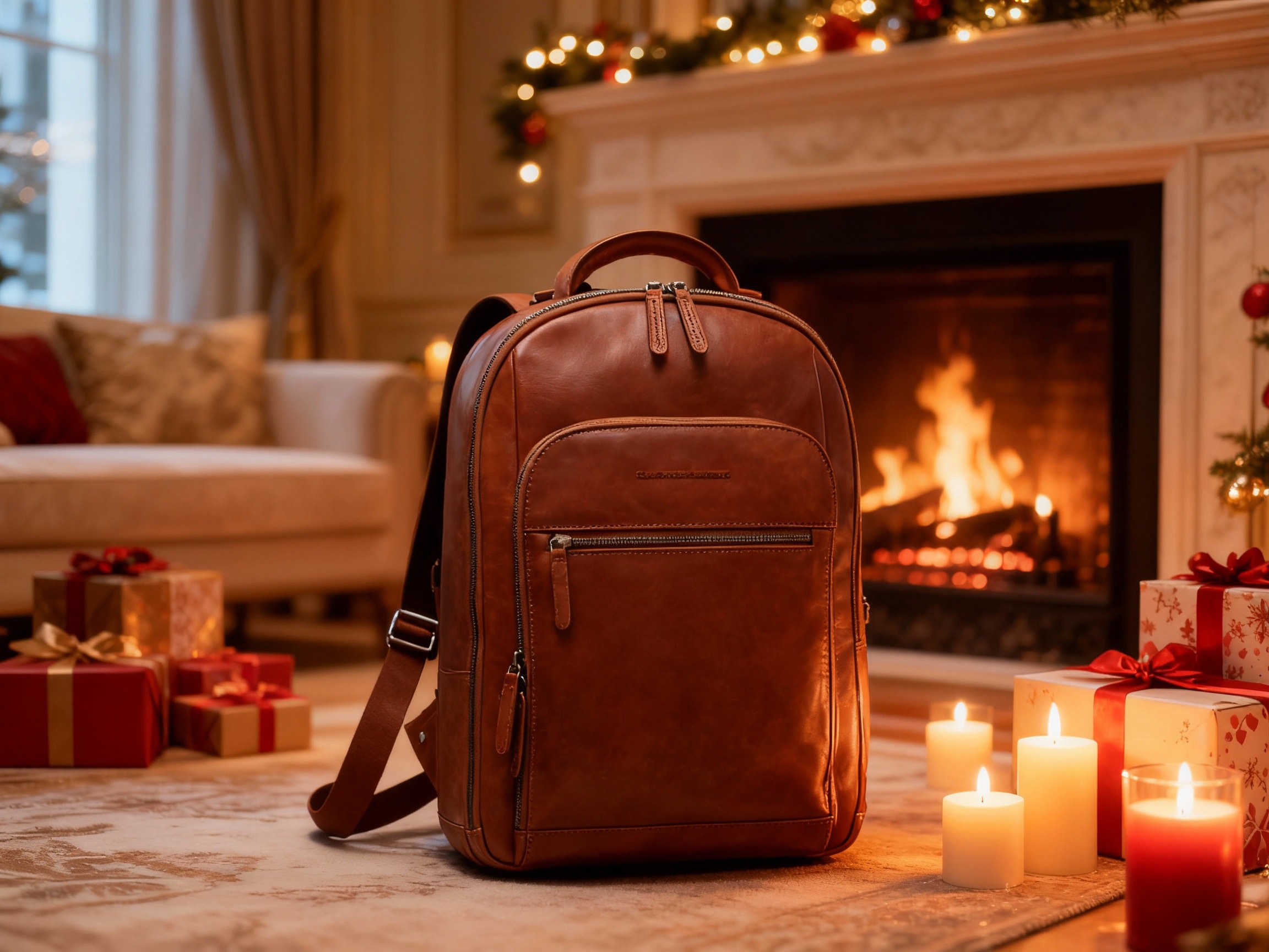 En ultimat julklapp till pojkvän eller pappa, en läderryggsäck till jobbet, står snyggt på golvet framför en öppen spis, tillsammans med levande ljus och paket.