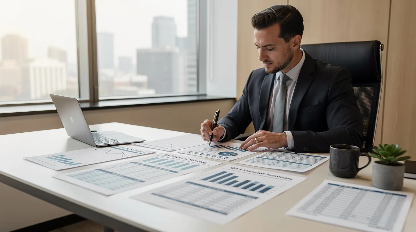 fedc8d3b eb82 4c8a b120 b4fbc13a33d4 A professional in formal attire is intently reviewing a detailed project report, with various financial documents related to a rice flakes manufacturing business spread across a desk in an office setting. The reports include key figures such as project cost, net sales gross profit, and cash and bank balances, essential for assessing the project's feasibility and profitability.