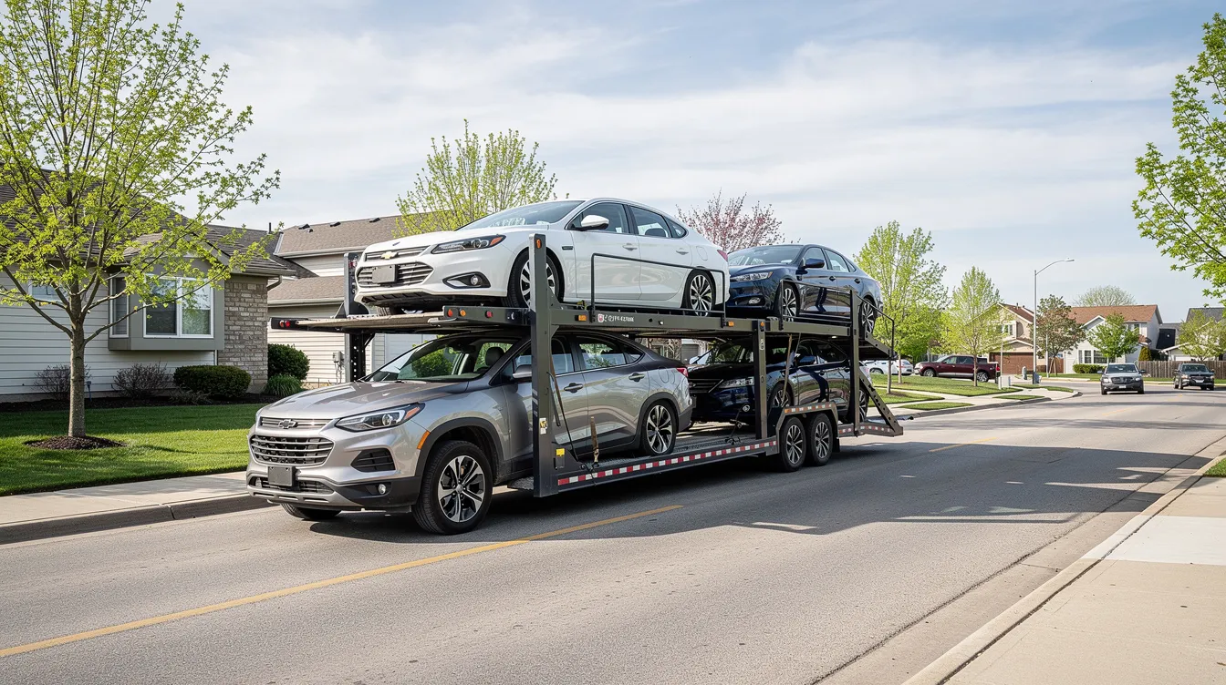 A flatbed car carrier truck is parked on a wide suburban street, loaded with several sedans ready for vehicle transport. This scene illustrates the shipping process of cars, highlighting the importance of proper vehicle preparation and the role of a car shipping company in ensuring safe delivery.