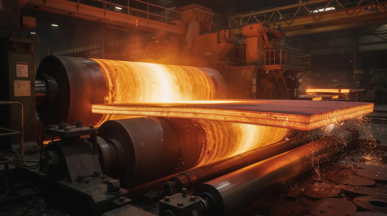 The image depicts glowing hot steel being processed through industrial rolling mill rollers, showcasing the hot rolling process that shapes the steel into precise dimensions. The intense heat and movement highlight the transformation of steel into a finished product, ready for various applications.