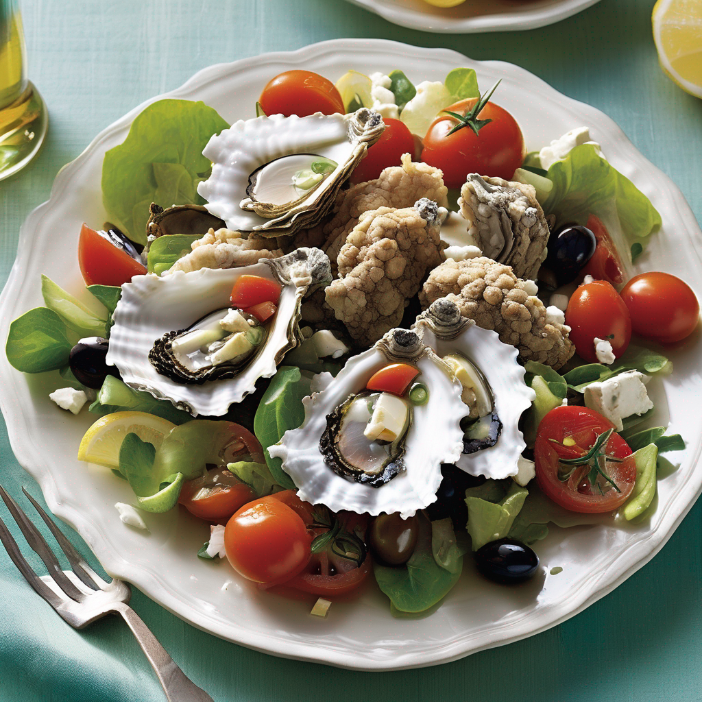 A fresh Greek salad with fresh herbs and added fresh oysters.