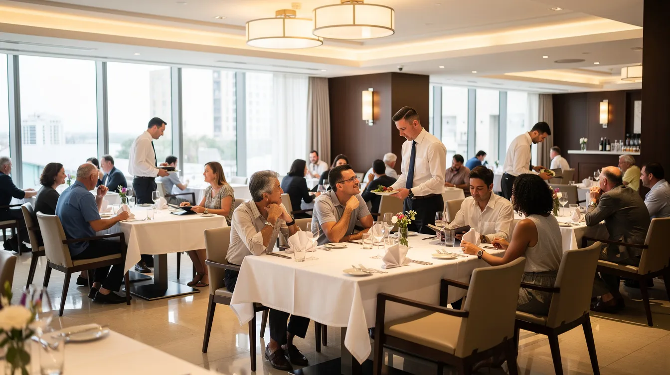 fedf62db 5e45 4d7c 9e99 f60e404cd8ec The image depicts a bustling dining area in a 3-star hotel restaurant, where guests are being served at neatly arranged tables, reflecting the lively atmosphere of the hospitality industry. The scene captures the essence of a well-organized restaurant project, showcasing the importance of effective service and guest satisfaction in the hotel business.