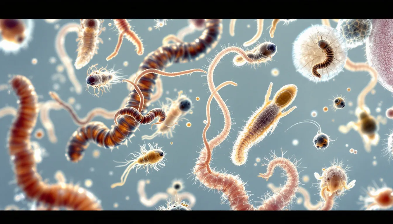 A microscopic view showcases various common human parasites, highlighting their unique characteristics such as shape and size. This image serves as a visual reference for understanding parasitic infections and the importance of appropriate treatment plans to combat intestinal parasites.