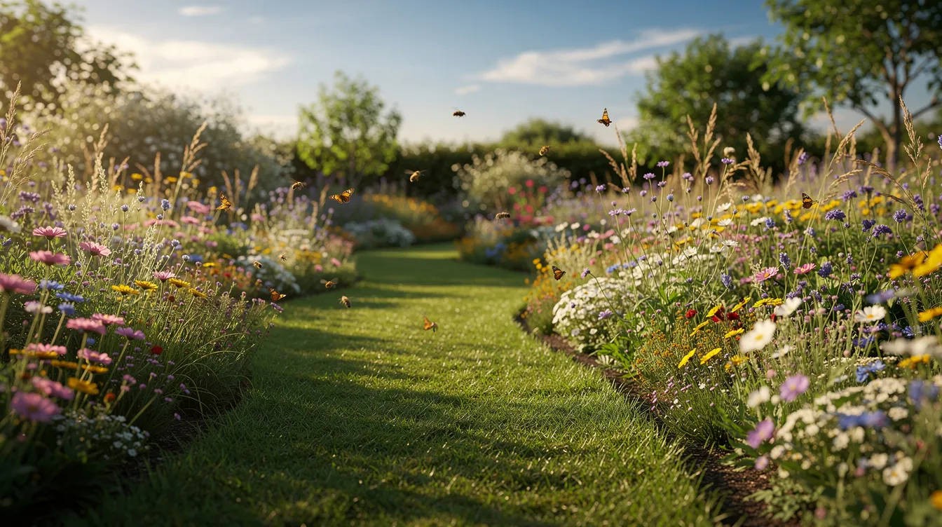 The image depicts a vibrant garden featuring a neatly mowed lawn path that winds through a colorful wildflower meadow, alive with buzzing bees and fluttering butterflies. The contrast between the manicured green lawn and the wildflowers highlights the beauty of nature, inviting a sense of tranquility and biodiversity.