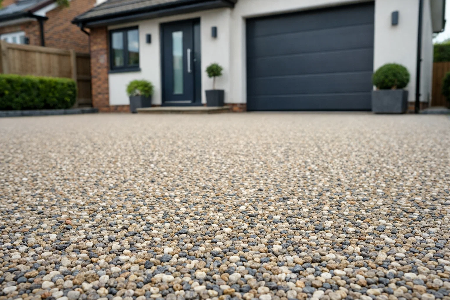 Resin-bound driveway with smooth stone surface outside a modern UK home.