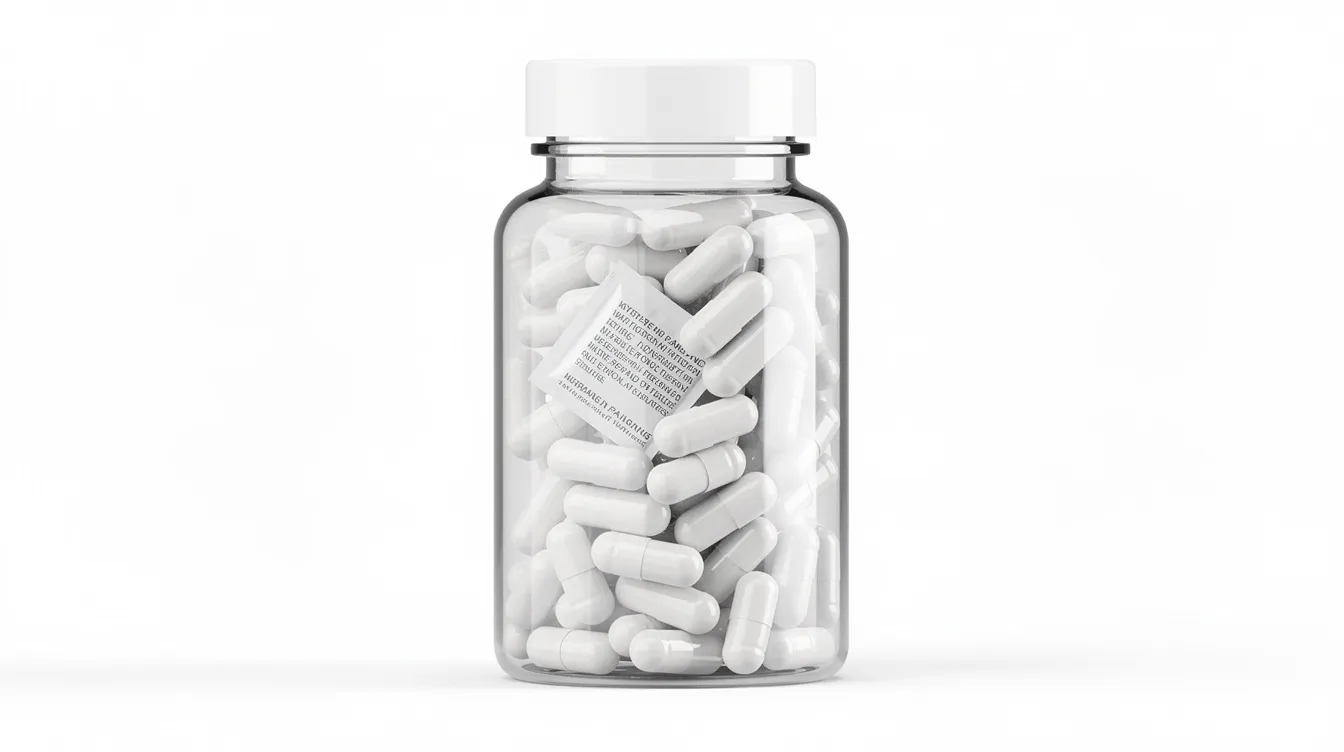 The image shows a supplement bottle containing nicotinamide mononucleotide (NMN), with a visible desiccant packet inside to help maintain its stability. The tightly sealed cap suggests proper storage conditions to preserve the potency and efficacy of the NMN products against age-associated diseases.
