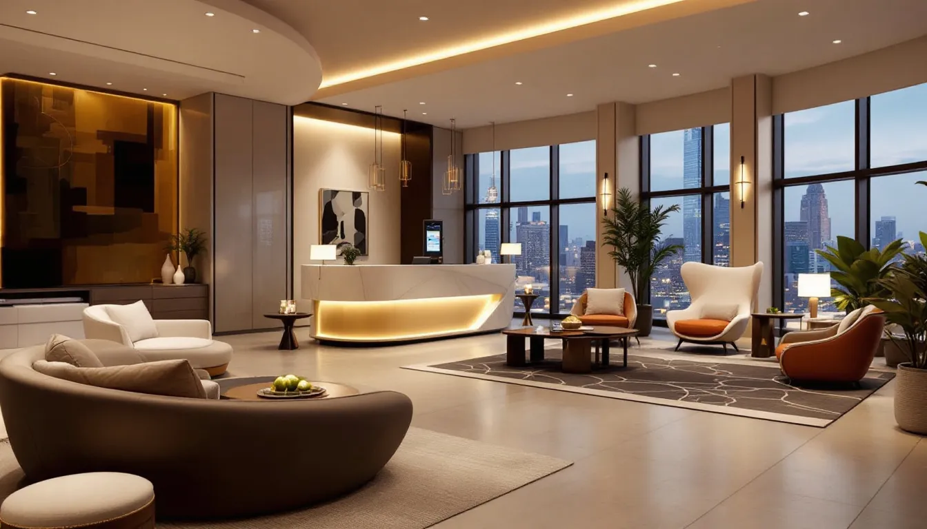The image depicts a modern hotel lobby featuring elegant amenities, with comfortable seating areas designed for guests to relax. Stylish decor and inviting furnishings create a warm atmosphere, enhancing the overall guest experience.