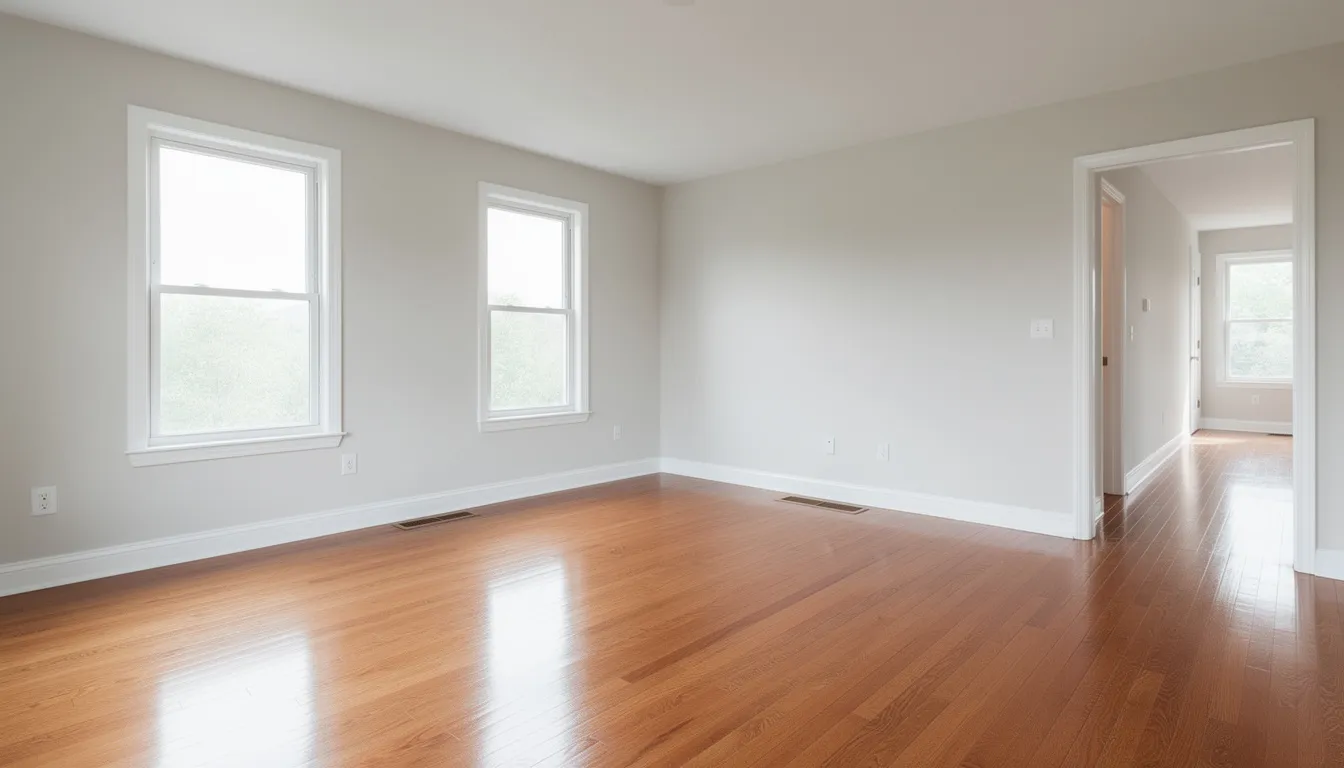 The image depicts a clean and empty interior of a Connecticut home after a complete estate cleanout, showcasing polished floors and pristine walls, highlighting the results of professional estate cleanout services. The space reflects a stress-free experience, free of unwanted items, ready for new beginnings.