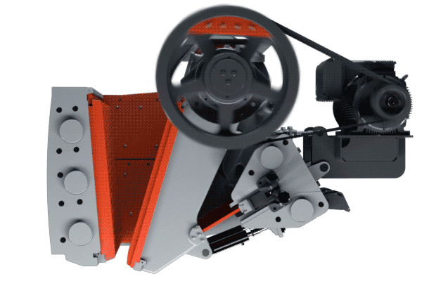 A jaw crusher machine with two jaws and an aggressive nip angle