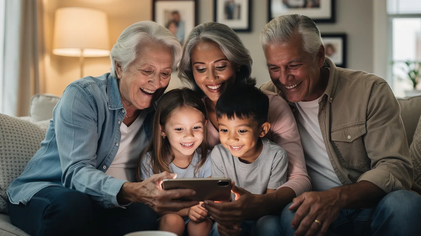A cheerful family is gathered around a smartphone, smiling as they look at the screen together, possibly sharing transfer details or enjoying a seamless fund transfer experience through the Upaisa app. The scene captures a moment of connection and joy, highlighting the convenience of using mobile technology for secure online transactions.