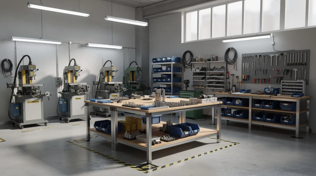 The image depicts the interior of a small manufacturing workshop, showcasing organized machinery and work benches, reflecting an environment conducive to micro enterprises. This setup highlights the importance of efficient operations for beneficiaries of mudra loans, which provide financial assistance to small businesses in India.