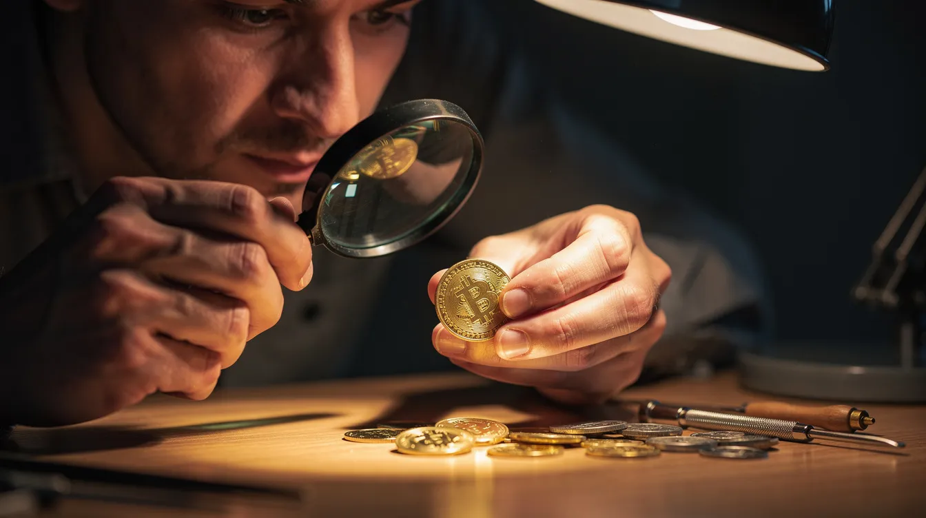 A person examining a gold coin under a desk lamp with a magnifying glass