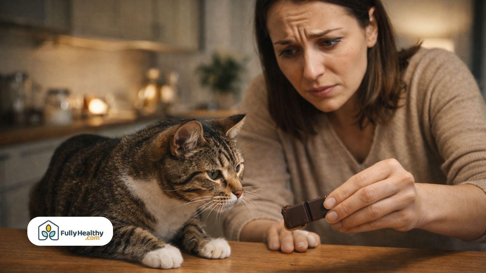 Concerned owner holding chocolate while cat watches closely indoors