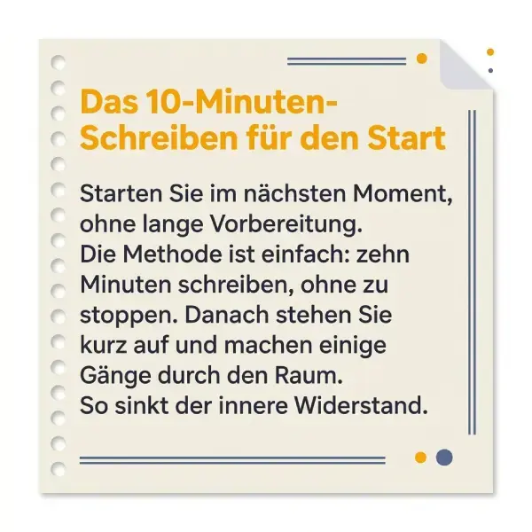 Infografik auf einem Notizblatt-Hintergrund mit dem Titel „Das 10-Minuten-Schreiben für den Start“. Der Text erklärt eine Methode, um den inneren Widerstand zu senken, indem man ohne Vorbereitung zehn Minuten lang schreibt.
