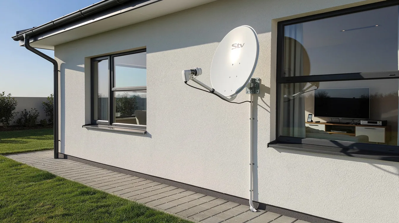 The image depicts a complete residential DStv installation featuring a satellite dish securely mounted on an exterior wall, along with visible cabling and a DStv decoder, indicating professional installation by accredited installers. This setup ensures optimal signal reception for a variety of channels in the home.