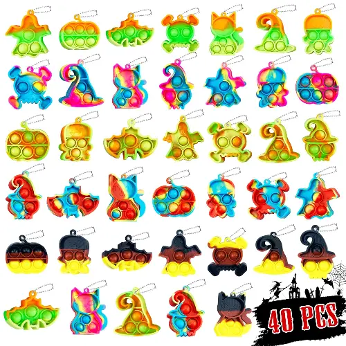 Halloween Pop Keychain Fidget Toys Pack, 40 Pcs Mini Pop Toys Bulk, for Kids Girls and Boys, Halloween Party Favors Supplies, Halloween Treat Bags Halloween Mini Pop