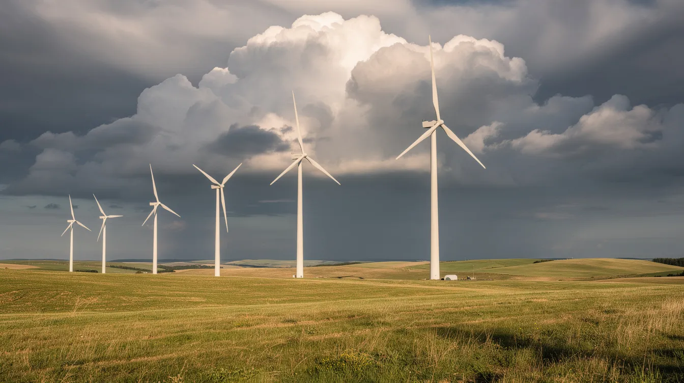 The image features modern wind turbines standing tall in an open field, surrounded by dramatic clouds that enhance the sense of renewable energy generation. This scene exemplifies sustainability investments and the importance of wind energy in reducing greenhouse gas emissions.