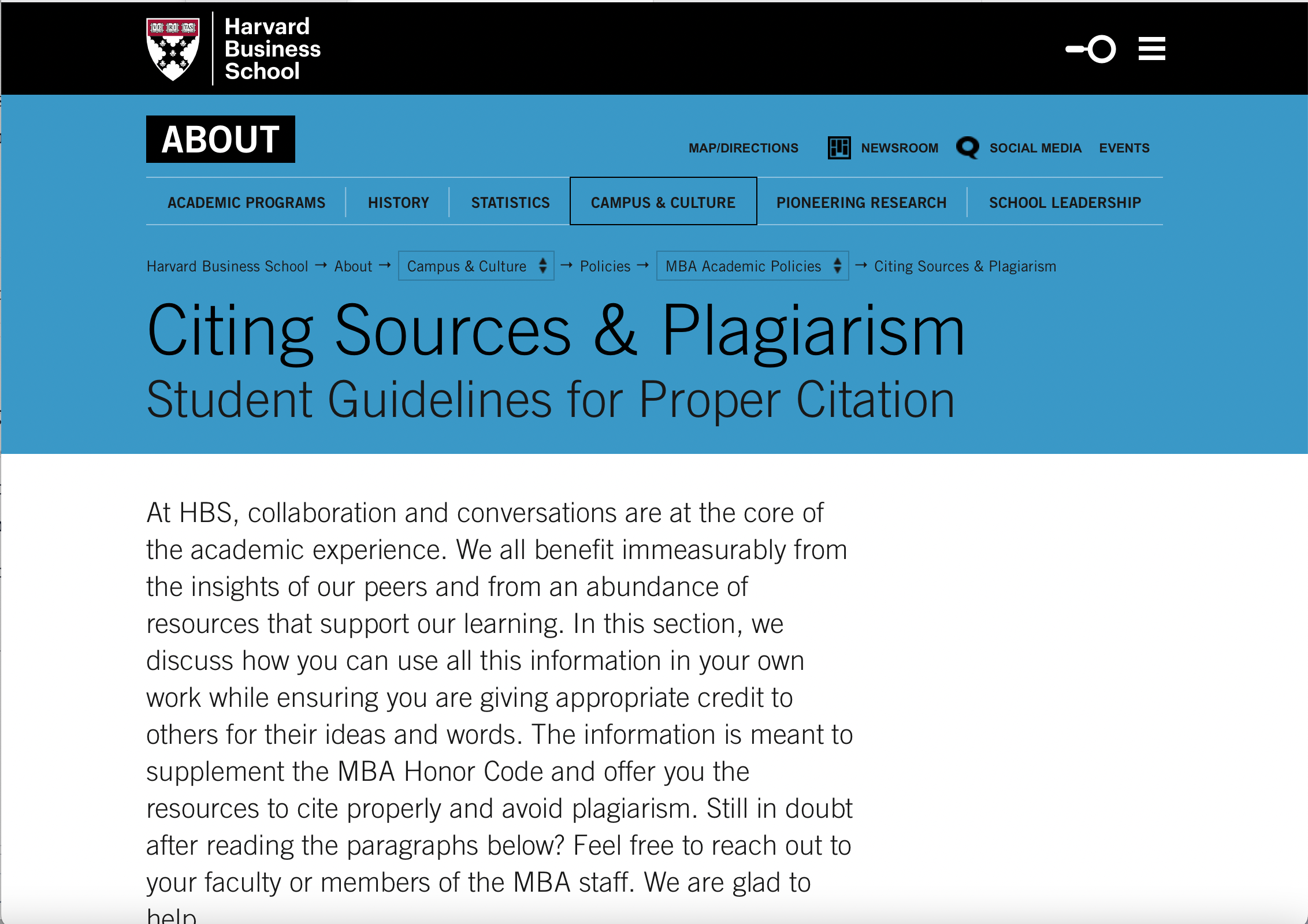 Harvard Business School Plagiarism Polocy webpage