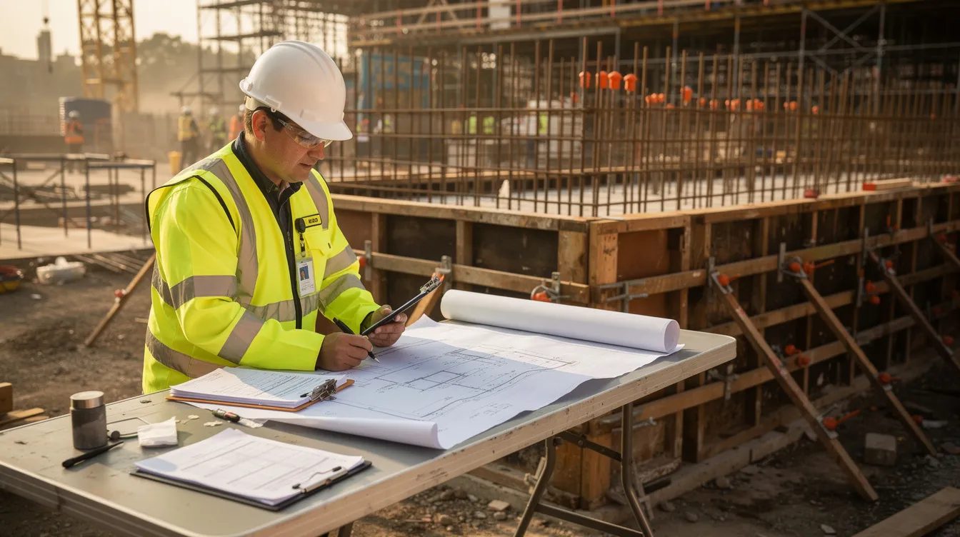 A quality control inspector is meticulously reviewing blueprints and documents at a construction job site, with concrete forms visible in the background. This scene highlights the importance of quality assurance in the construction industry, ensuring that general contractors and subcontractors adhere to project specifications for successful project completion.