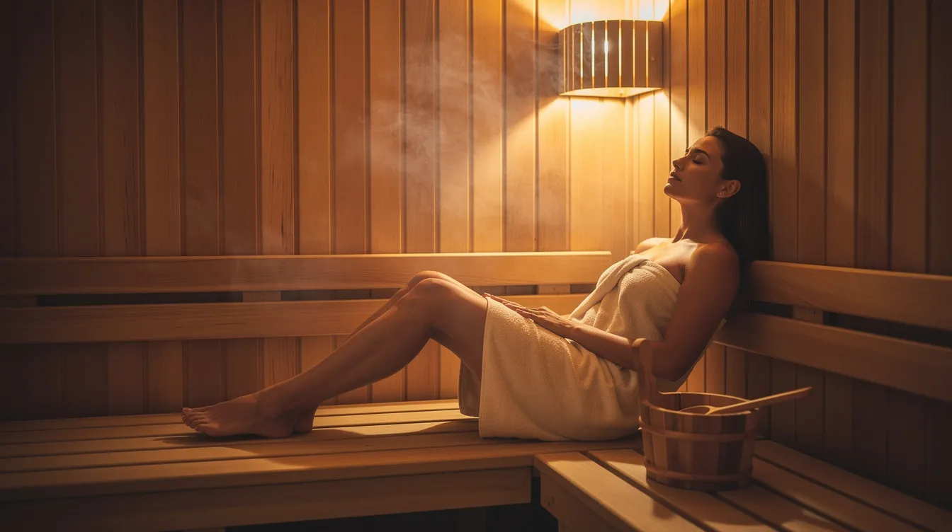 A person is relaxing inside a traditional wooden sauna, surrounded by warm ambient lighting that enhances the calming atmosphere. This sauna session offers numerous health benefits, including stress reduction, improved circulation, and potential calorie burn, making it an ideal setting for relaxation and muscle recovery.