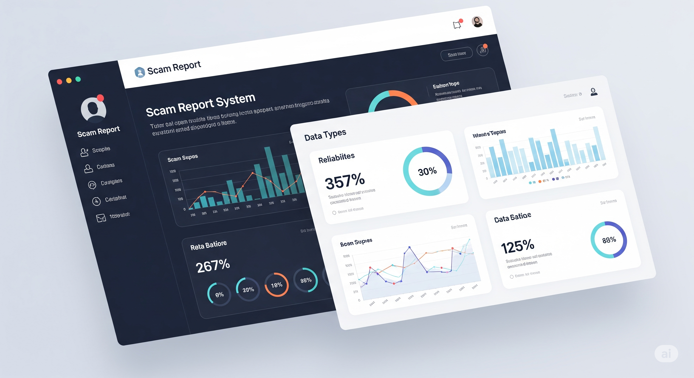 In the semi-realistic image, a digital interface displays various statistics and graphs related to the scam report system, illustrating the reliability and types of data available for users. The background features a modern design that enhances the understanding of the information presented.