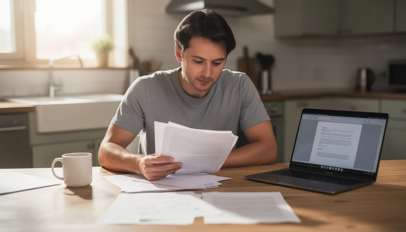 A person sits at a kitchen table, intently reviewing documents with a laptop nearby, possibly exploring options for a hassle-free home sale or a fair cash offer from trustworthy cash home buyers. The scene suggests a focus on real estate solutions, highlighting the straightforward process of selling a house quickly without hidden fees.