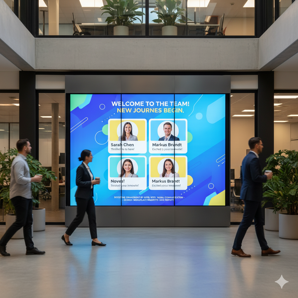 What Are the Best New Employee Announcement Ideas? 3 digital signage welcome wall