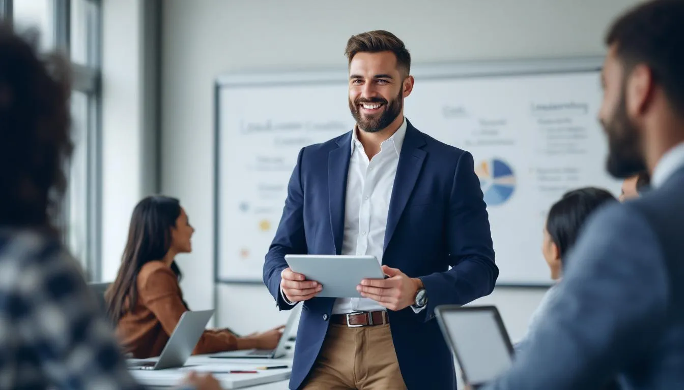 The image depicts a diverse group of participants engaged in a leadership coaching program, actively practicing key coaching skills through coaching conversations. They are surrounded by various resources, fostering a supportive environment that encourages self-awareness and effective coaching, aimed at developing their leadership abilities to enhance team performance.