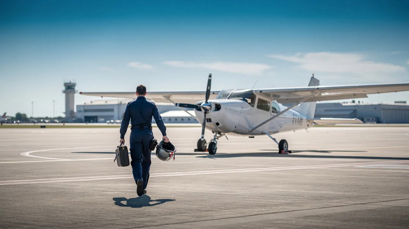 A pilot strides confidently across a sunlit tarmac towards a small training aircraft, embodying the journey of flight training. This scene highlights the dedication required for aspiring pilots as they embark on their path to obtaining a private pilot license or pursuing a commercial pilot career.