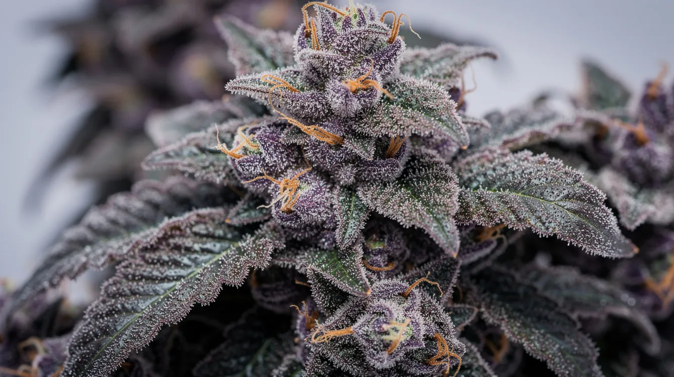 A close-up view of dense, frosty cannabis buds showcases vibrant shades of purple and green, adorned with sparkling trichomes and bright orange hairs. This image highlights the zkittlez strain's unique fruity flavor profile, reminiscent of tropical fruit and candy, making it a popular choice for those seeking relaxation and mood elevation.
