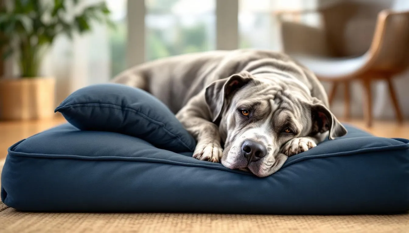 A senior dog rests comfortably on orthopedic bedding in a warm, well-lit room, showcasing the importance of joint health for dogs, especially those affected by hip dysplasia. The cozy environment highlights the need for proper care and pain relief to manage joint pain and support the dog