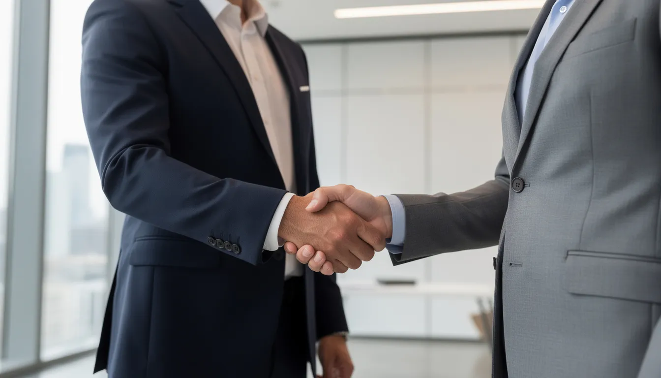 The image depicts a handshake between two professionals in an office setting, symbolizing a successful partnership in managing retirement plans and investment strategies. The atmosphere suggests a collaborative effort towards financial success and future planning.