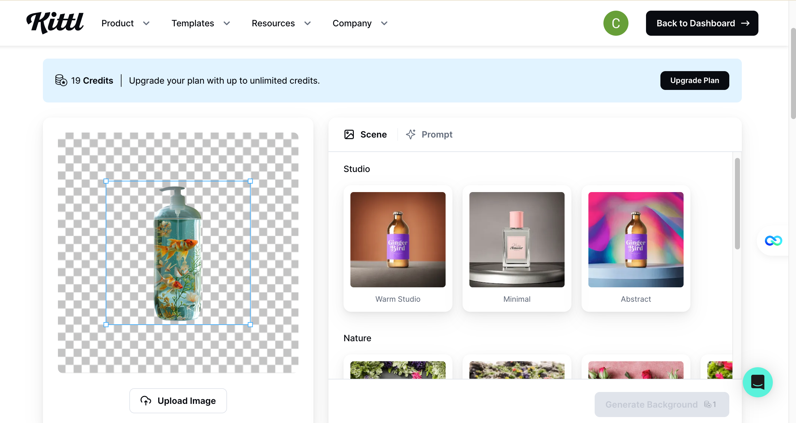 Kittl interface showing AI product mockup of a soap bottle with goldfish, surrounded by scene template options like Warm Studio, Minimal, Abstract, and Nature.