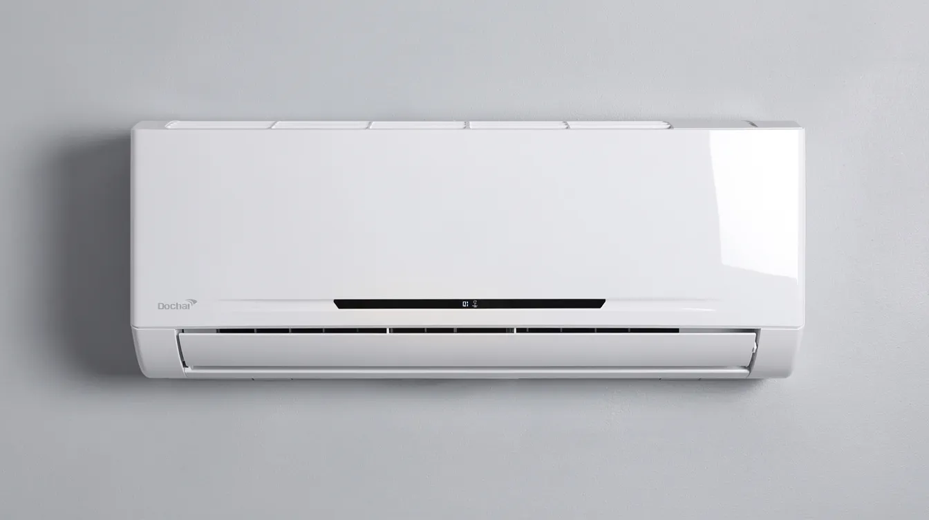A close-up view of a sleek white wall-mounted indoor air conditioning unit features a modern panel design, showcasing thousands of micro air holes for efficient airflow. This Samsung air conditioner is equipped with AI auto cooling technology to maintain ideal indoor temperatures while promoting energy savings.