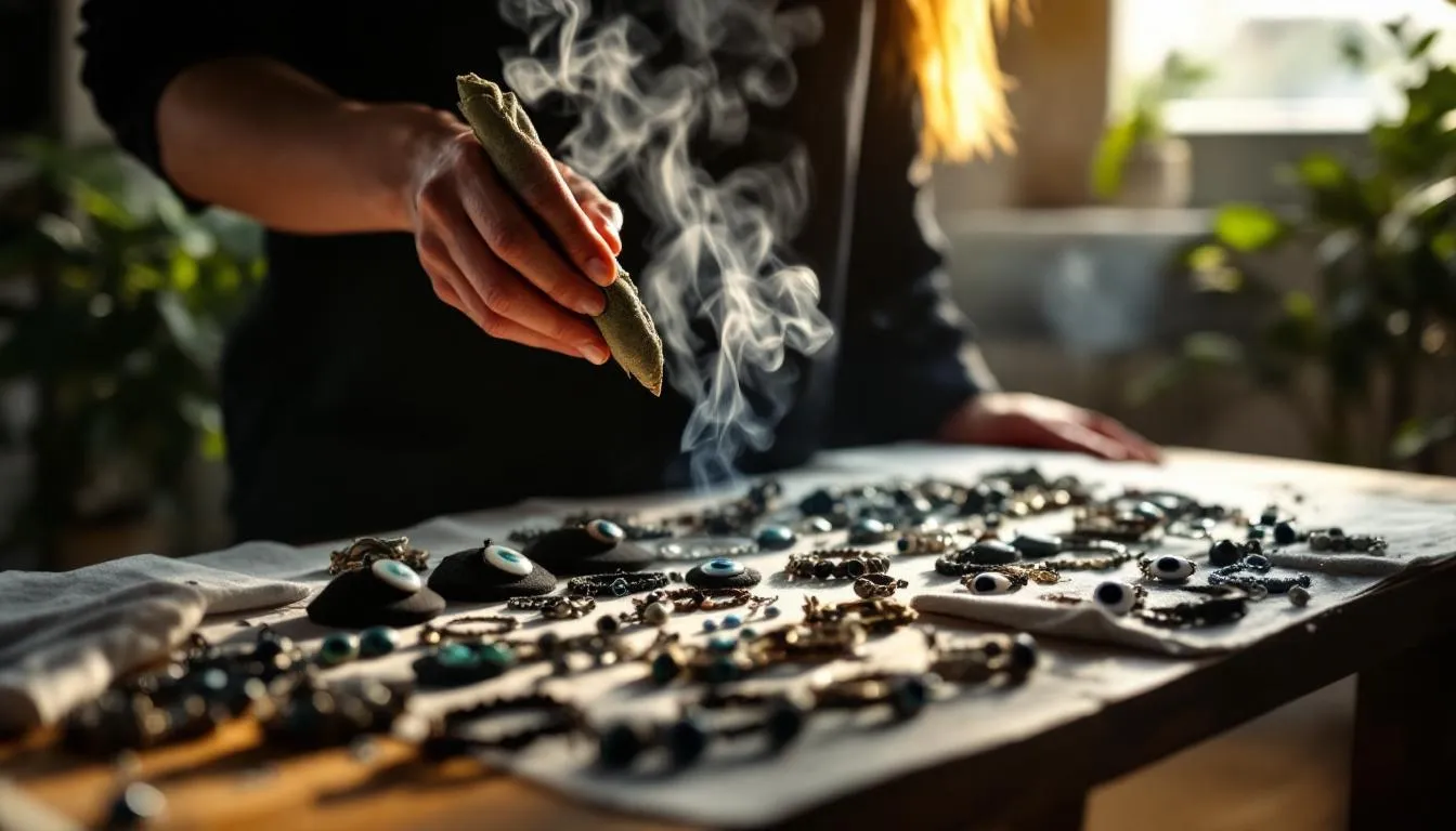 A person is performing a sage cleansing ritual over a collection of evil eye jewelry, which includes necklaces, bracelets, and earrings, believed to protect against negative energies and bring positivity. The ritual highlights the ancient symbolism of the evil eye as a talisman against bad luck and evil spirits.