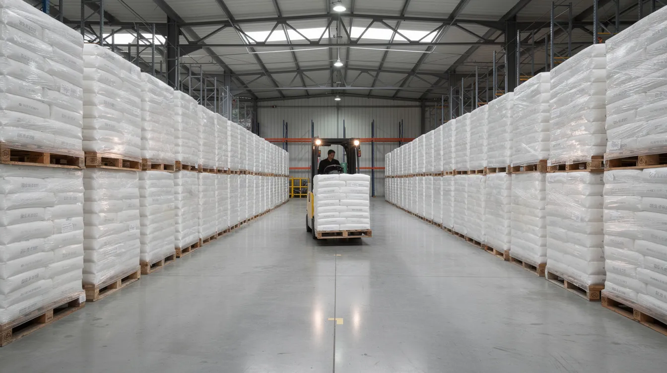 fefc60f4 a127 452f 80e1 7406bdcbba0c A wide-angle view of a warehouse showcases neatly stacked bags of packaged rice on pallets, while a forklift efficiently navigates between the aisles. This organized layout highlights the importance of smooth operations and effective material flow in the rice processing industry.
